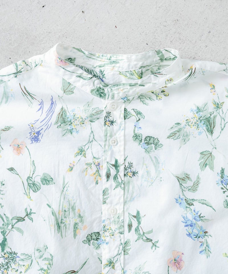 ローン花柄ptスタンドカラーAラインワイドシャツ ピンクベース