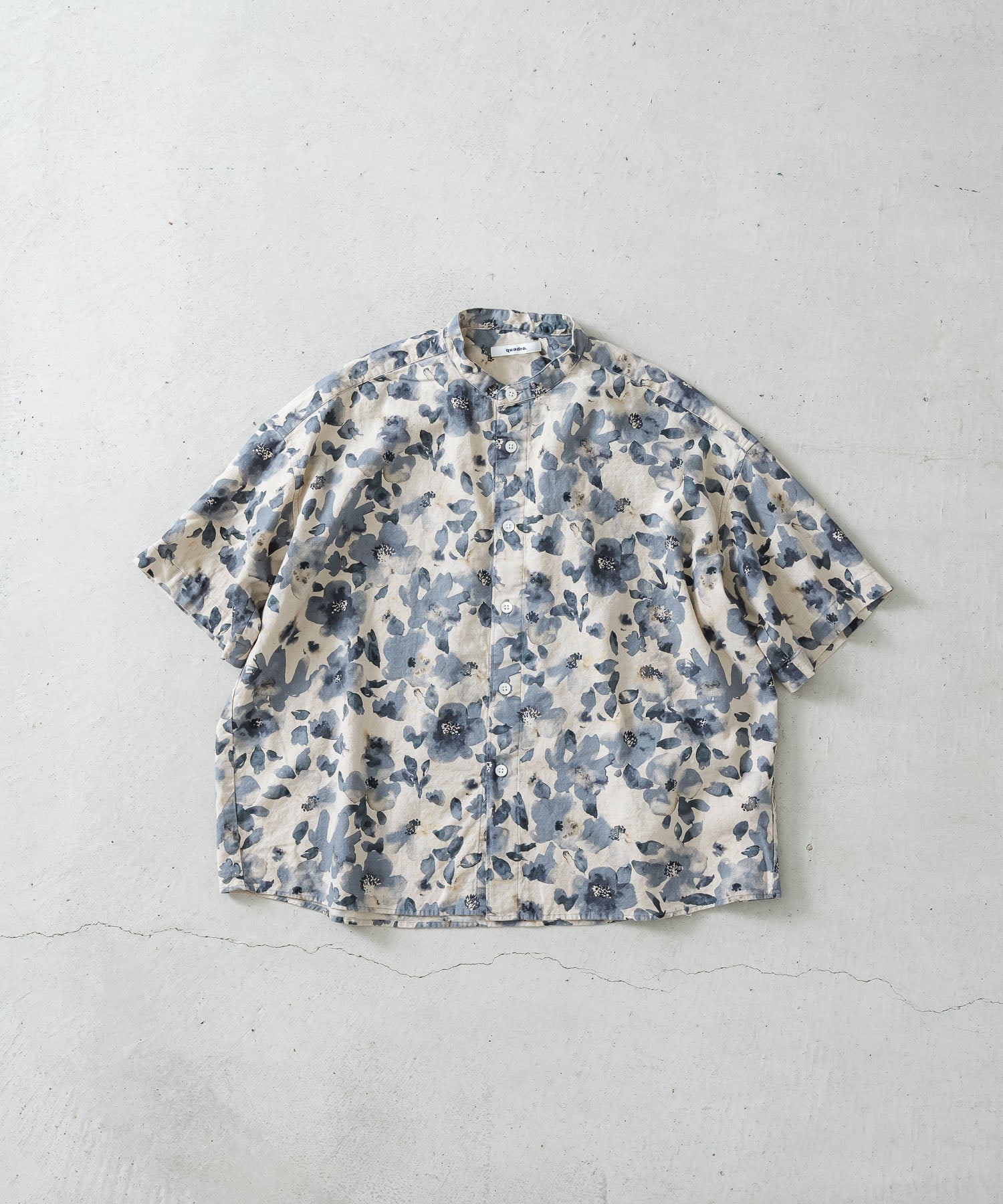 綿麻シーチング花柄pt5分袖スタンドカラーワイドシャツ【WOMEN