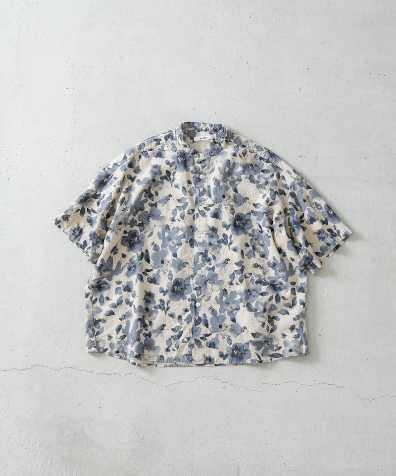綿麻シーチング花柄pt5分袖スタンドカラーワイドシャツ【WOMEN 