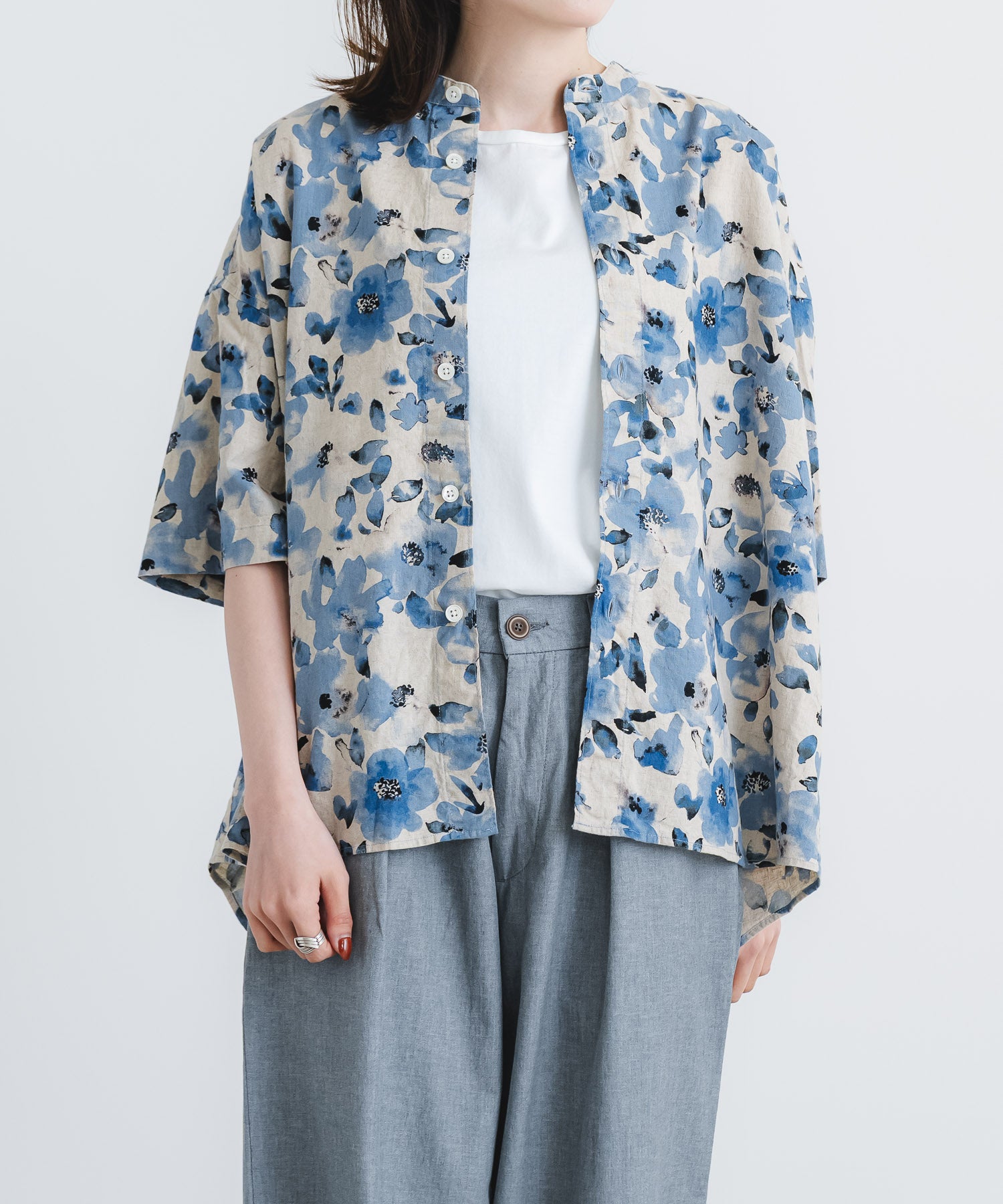 綿麻シーチング花柄pt5分袖スタンドカラーワイドシャツ【WOMEN
