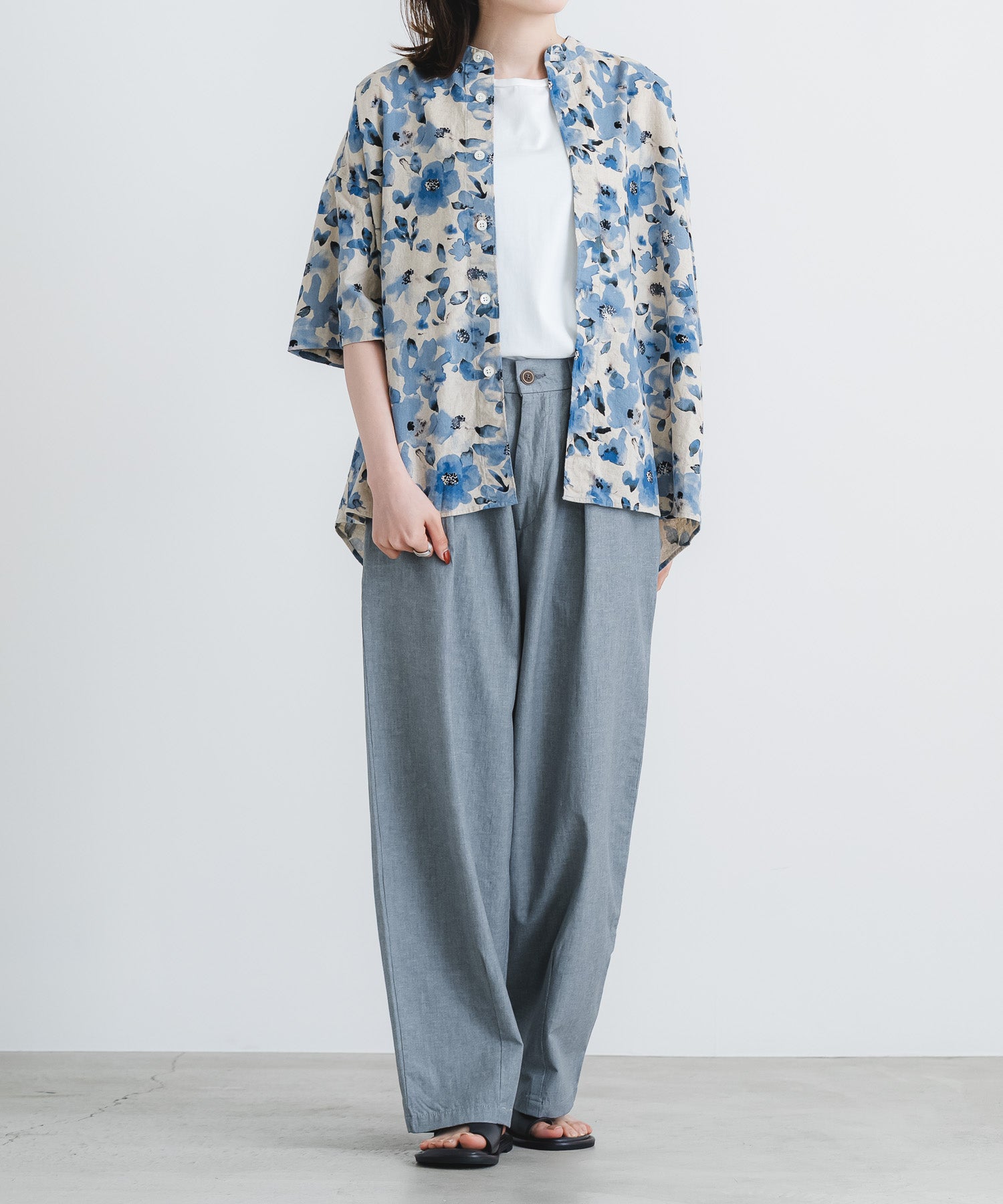 綿麻シーチング花柄pt5分袖スタンドカラーワイドシャツ【WOMEN