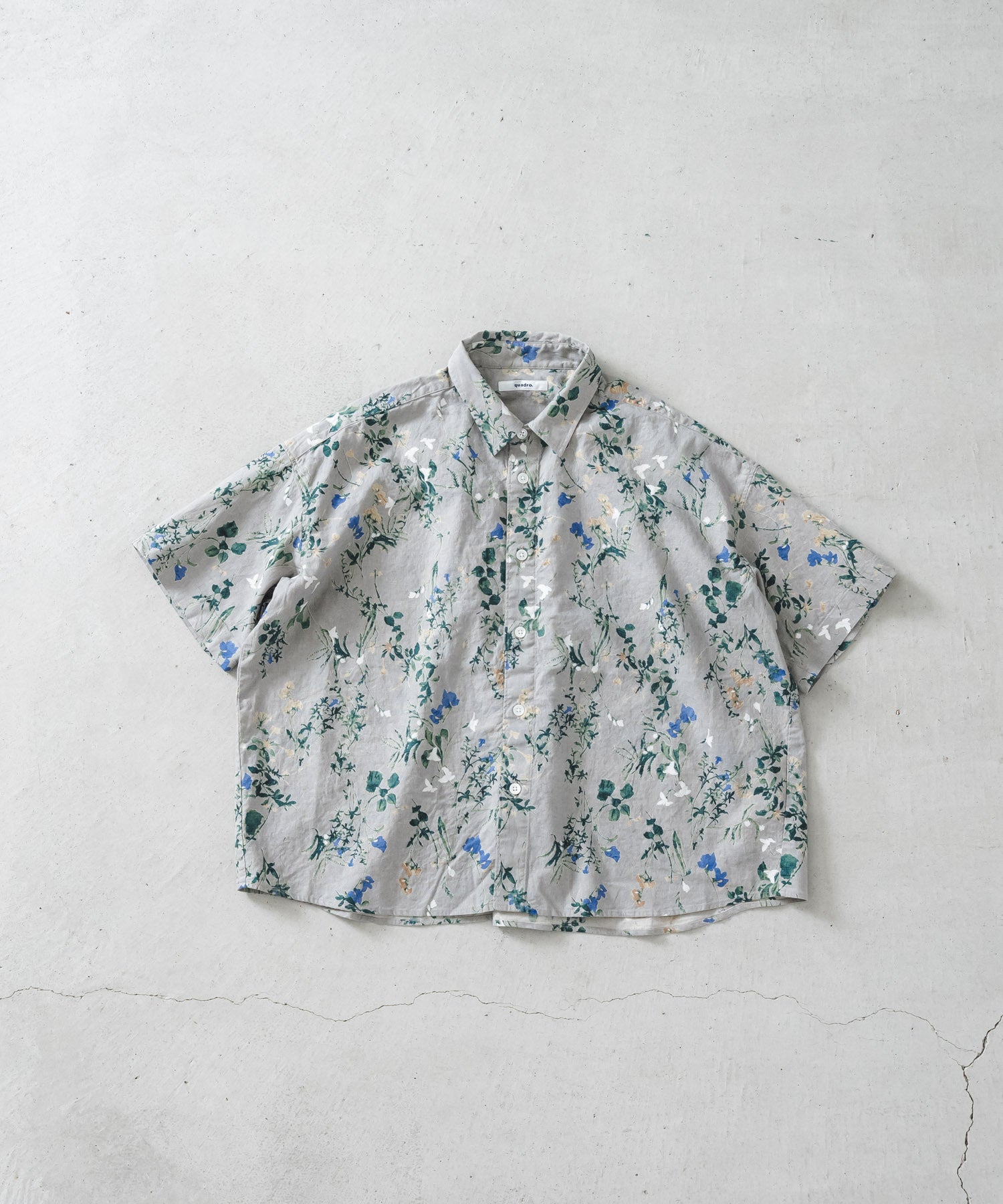 ミント様用　新品 45R 45rpmインディゴ 花柄 シャツ ブラウス Sー1 綿麻シーチング花柄pt5分袖レギュラーカラーワイドシャツ | quadro