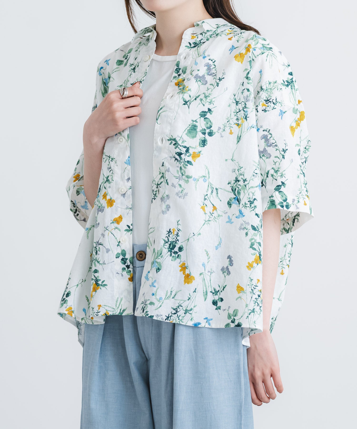 綿麻シーチング花柄pt5分袖レギュラーカラーワイドシャツ【WOMEN