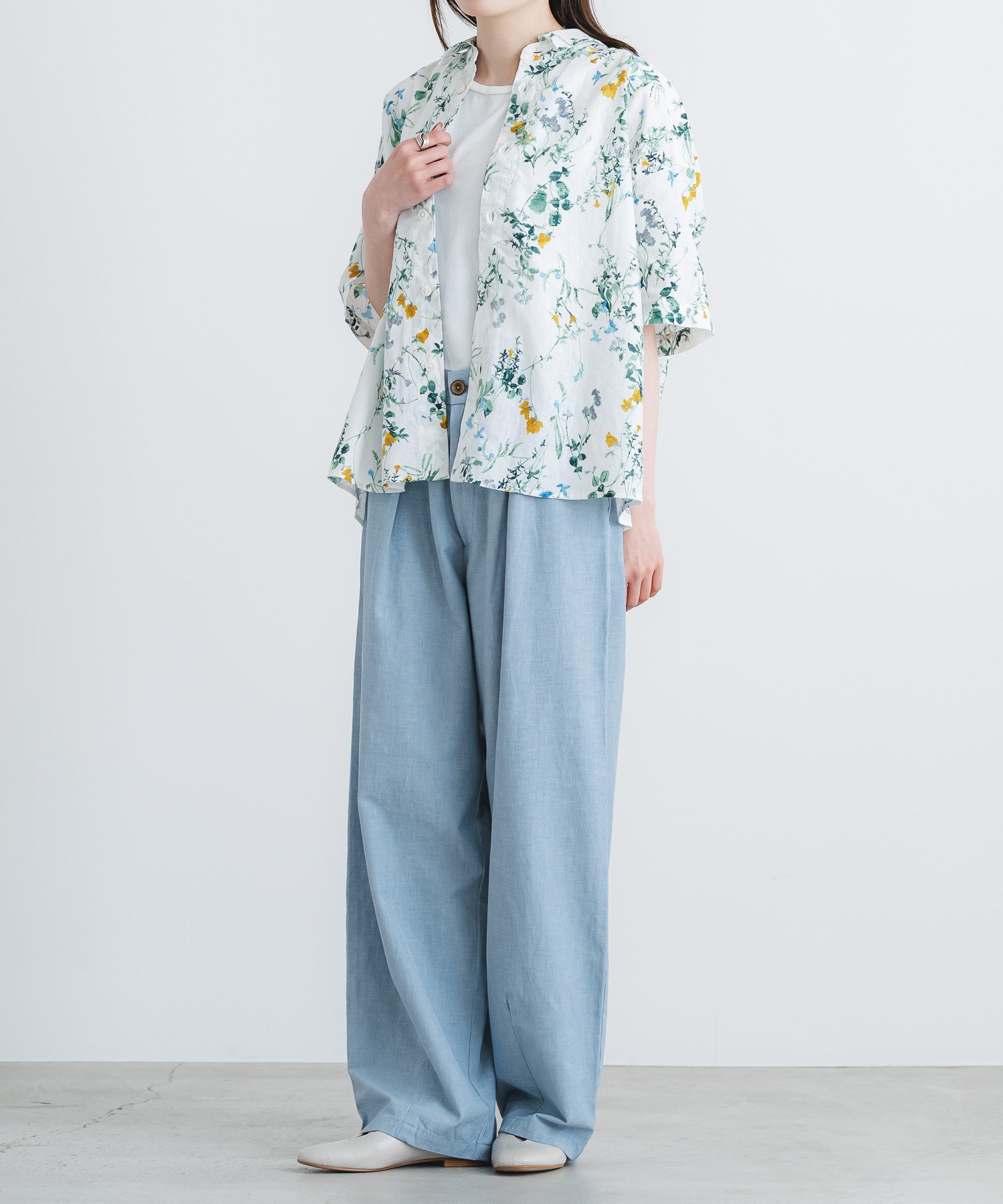 綿麻シーチング花柄pt5分袖レギュラーカラーワイドシャツ【WOMEN
