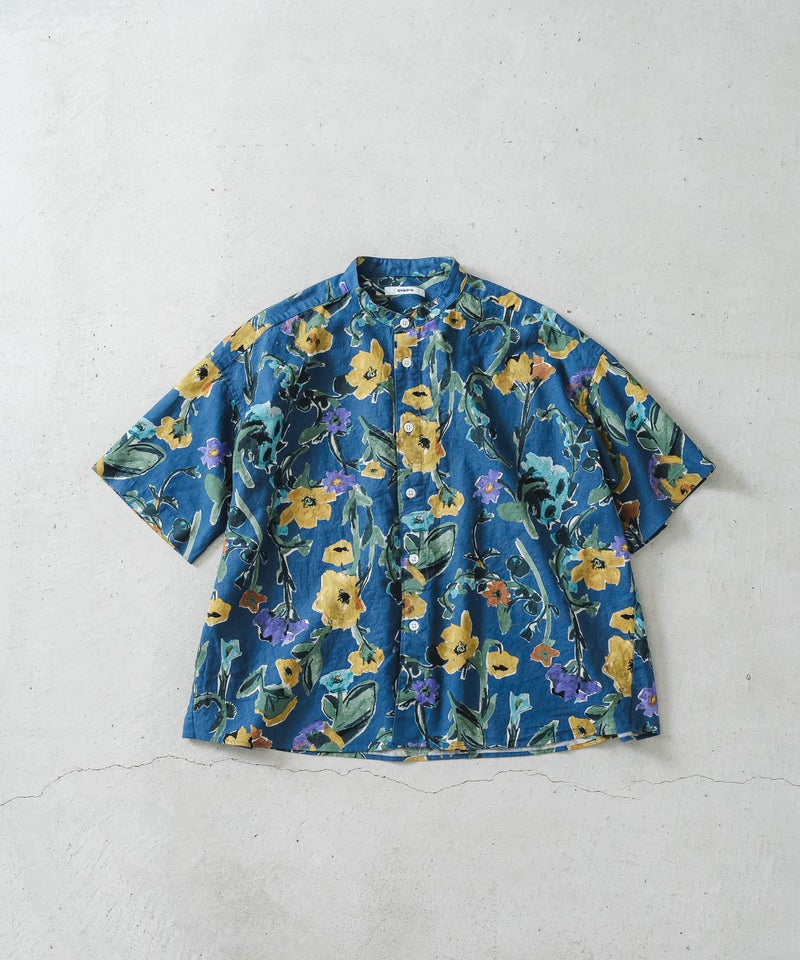 綿麻シーチング花柄pt5分袖スタンドカラーワイドシャツ【WOMEN 