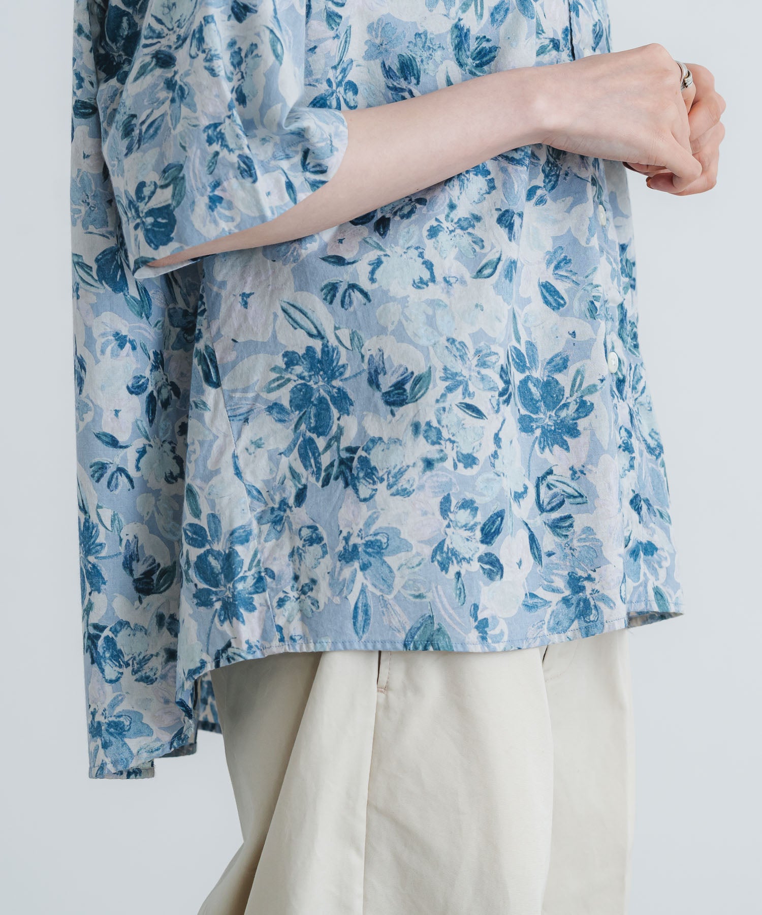 60ローン花柄pt5分袖スタンドカラーワイドシャツ【WOMEN】 | quadro