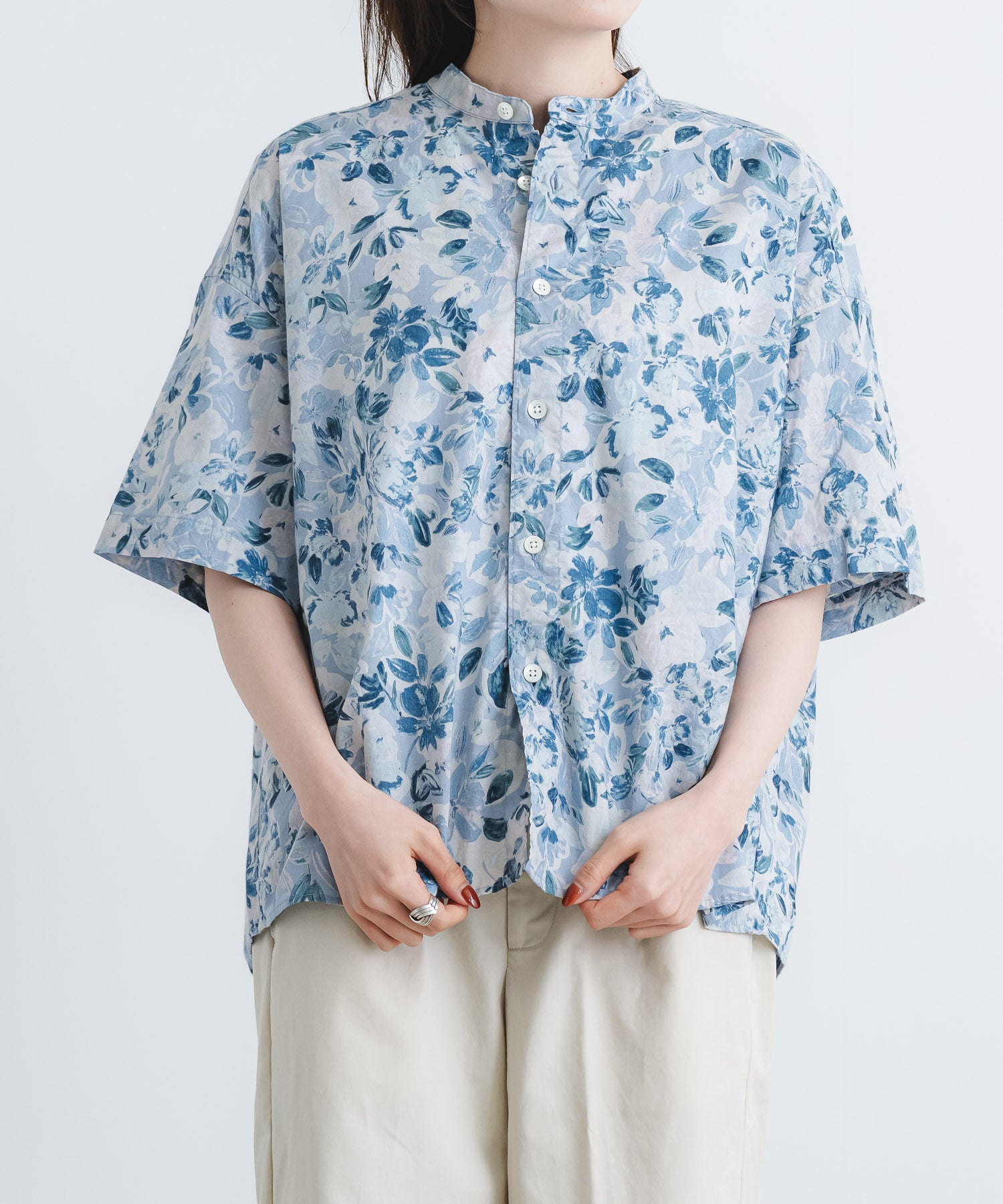 60ローン花柄pt5分袖スタンドカラーワイドシャツ【WOMEN】 | quadro