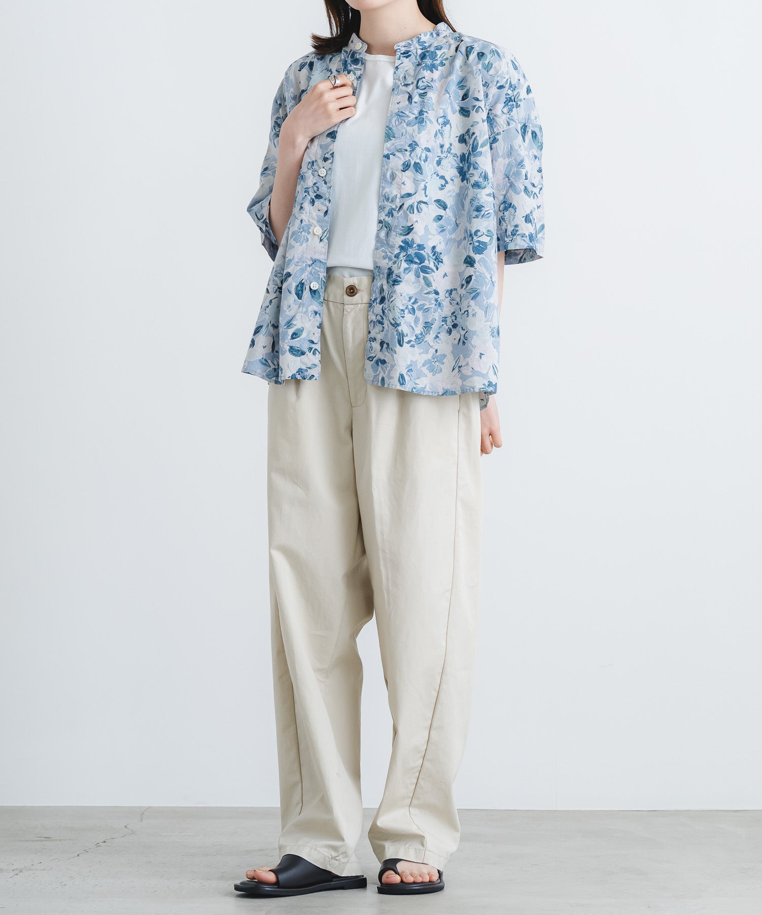 60ローン花柄pt5分袖スタンドカラーワイドシャツ【WOMEN】 | quadro