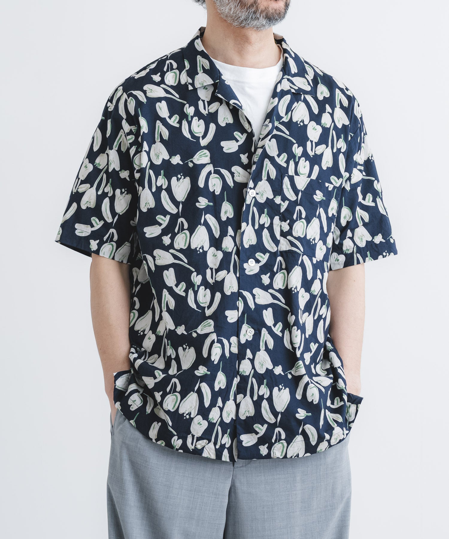 綿レーヨンローン花柄ptオープン半袖シャツ【MEN】 | quadro (クオドロ