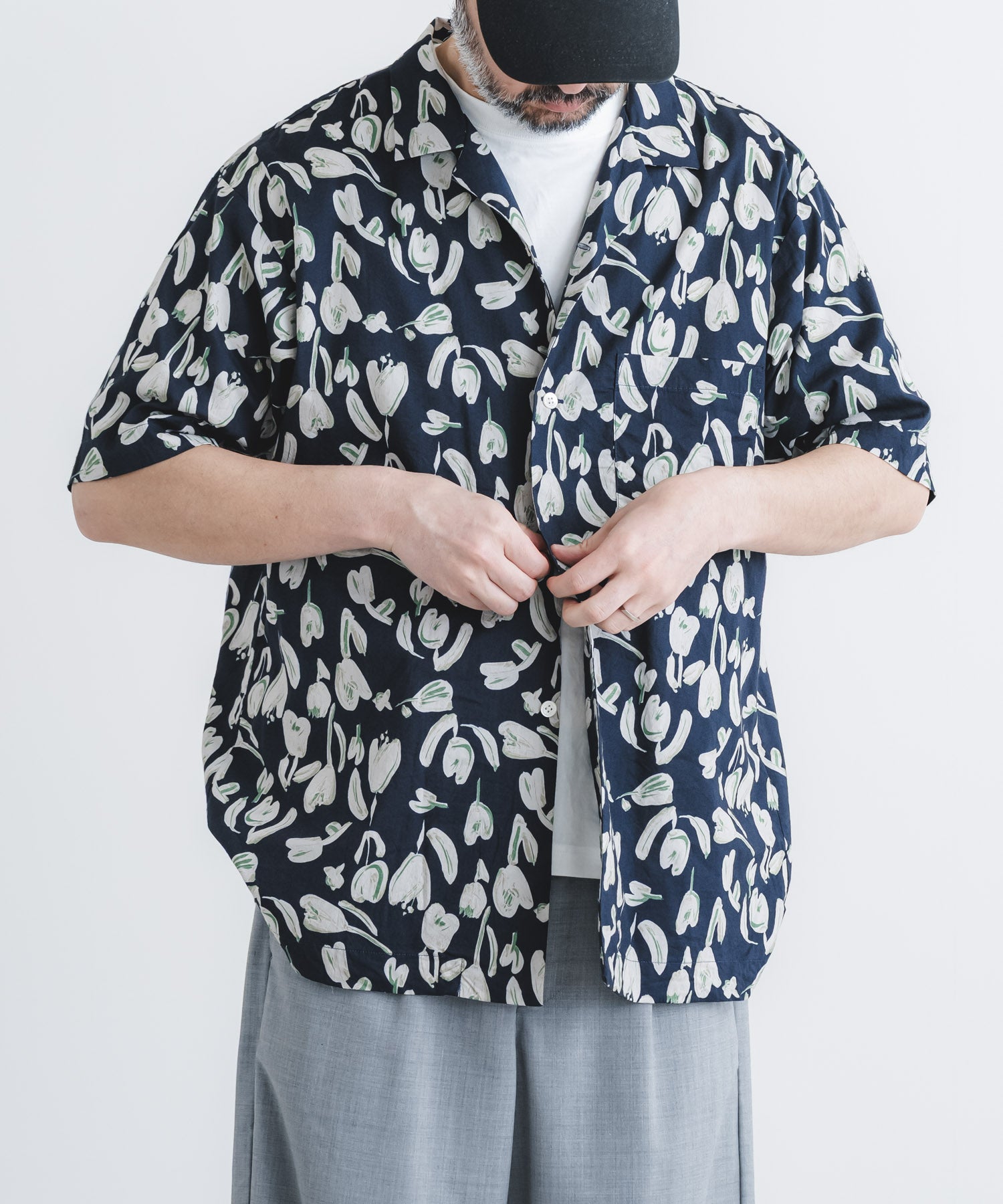 綿レーヨンローン花柄ptオープン半袖シャツ【MEN】 | quadro (クオドロ