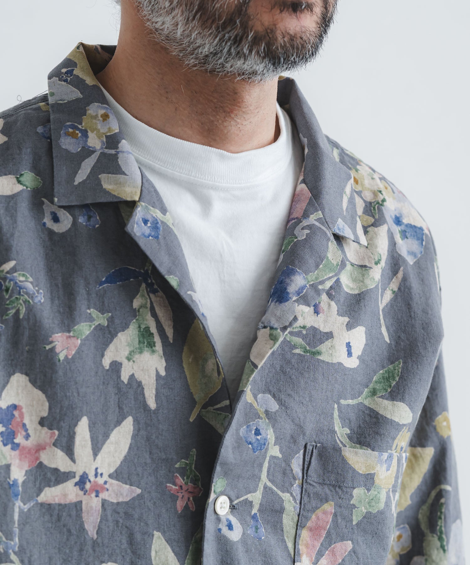 綿麻シーチング花柄ptオープン半袖シャツ【MEN】 | quadro (クオドロ