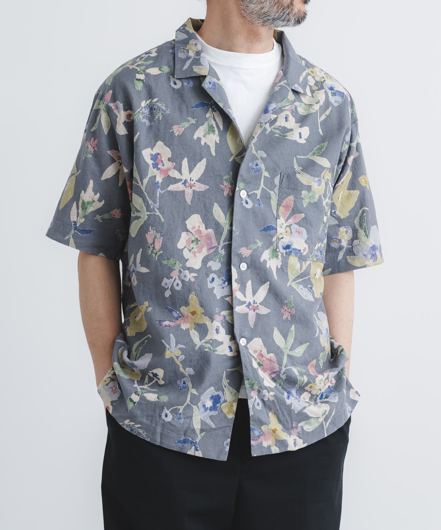 綿麻シーチング花柄ptオープン半袖シャツ【MEN】 | quadro (クオドロ