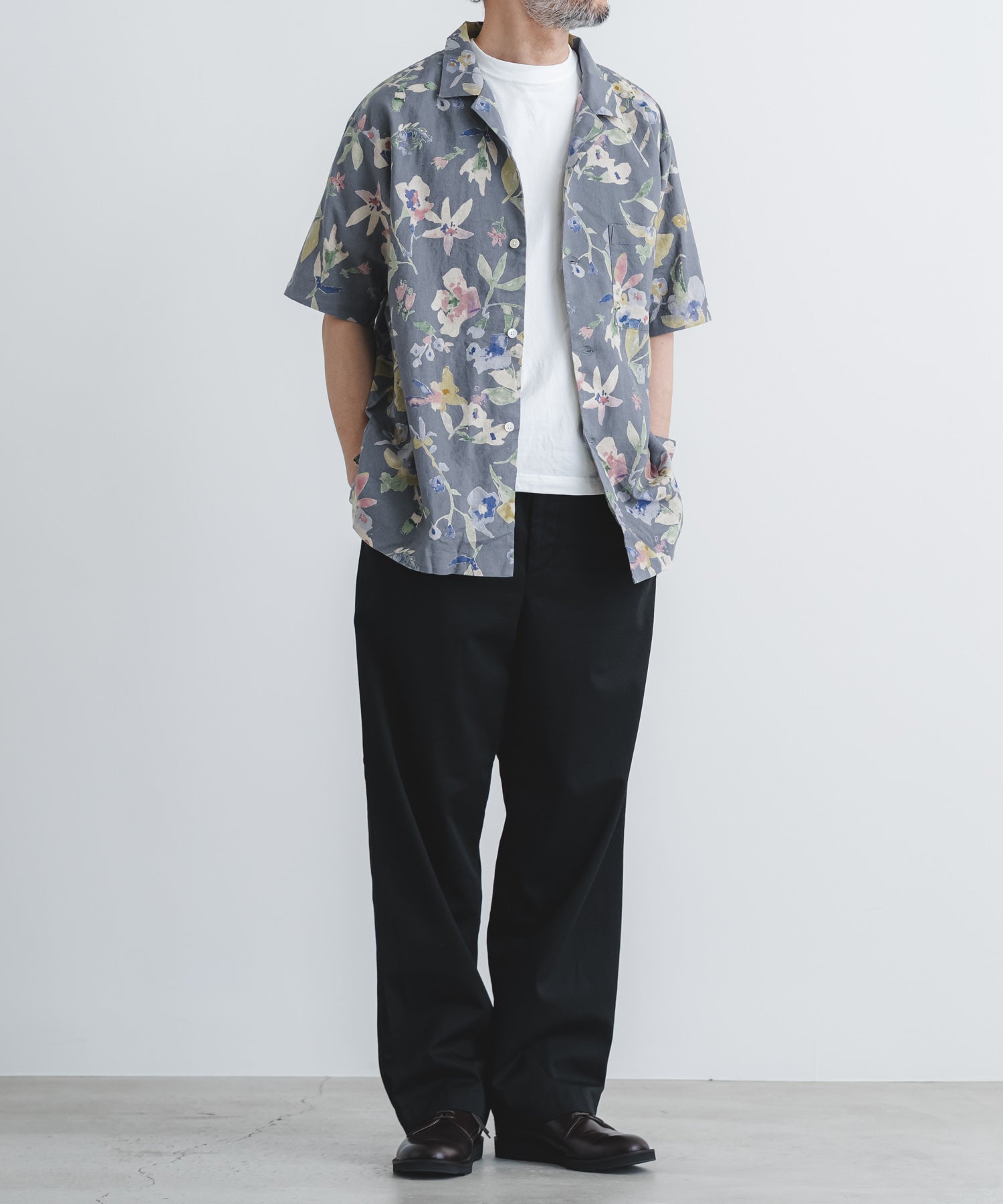 綿麻シーチング花柄ptオープン半袖シャツ【MEN】 | quadro (クオドロ