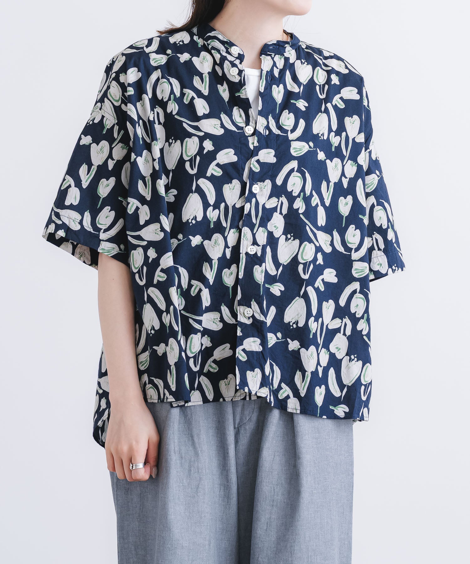 綿レーヨンローン花柄pt5分袖スタンドカラーワイドシャツ【WOMEN
