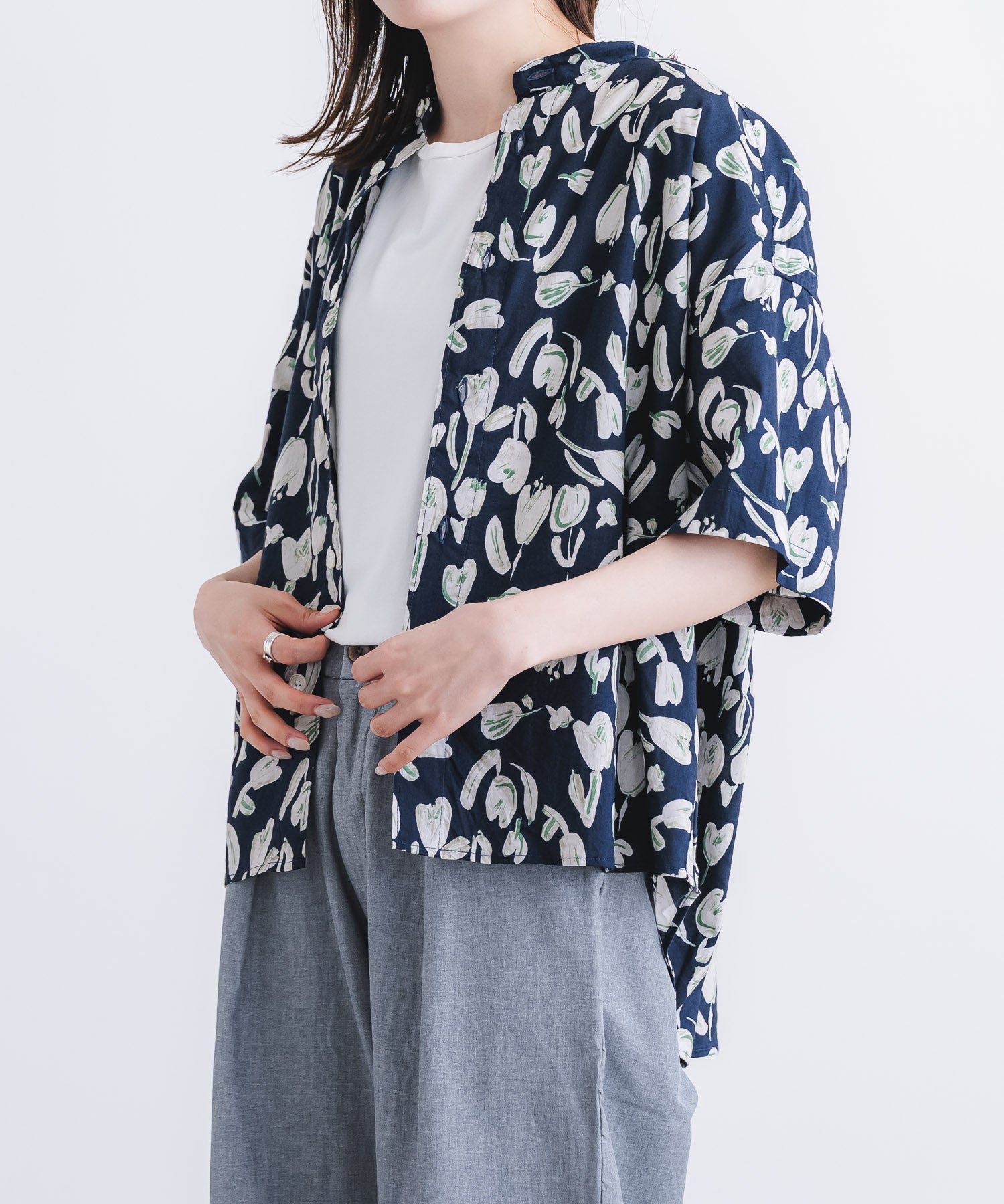 綿レーヨンローン花柄pt5分袖スタンドカラーワイドシャツ【WOMEN