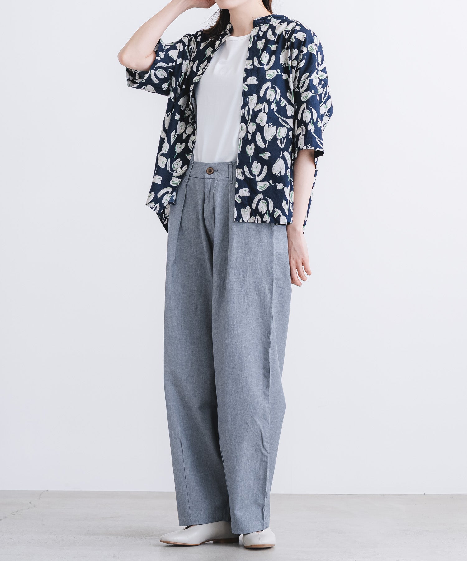 綿レーヨンローン花柄pt5分袖スタンドカラーワイドシャツ【WOMEN